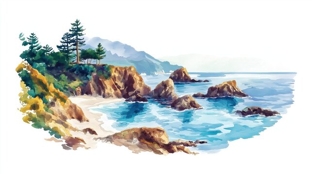 Big Sur Coastline. Big Sur Coastline hand drawn watercolor illustration