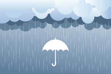 Cute pastel umbrella under falling drops, flat vector for rainy weather children’s books, seamless backgrounds, and nursery decoration
