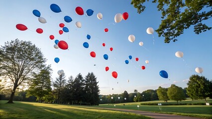 Red white and blue balloons floating in a sunny sky over a grassy field