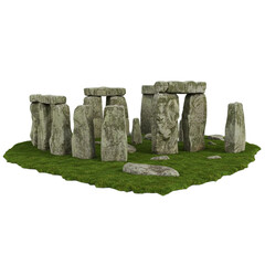 Standing tall, ancient Stonehenge monument against a transparent background is captivating, showing its historic stones and green meadow.