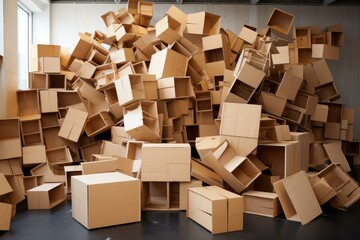 Fototapeta premium Cardboard boxes stacked and scattered, creating an abstract form, suggesting concepts of shipping, storage, and excess