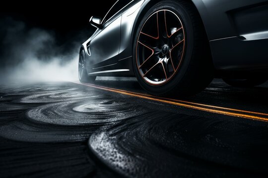 Modern sports car drifting and leaving tire marks on asphalt road at night
