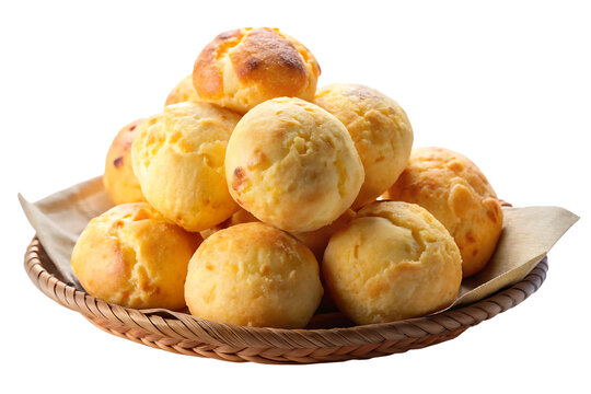 Golden brown Brazilian cheese bread rolls piled high in a woven basket isolated on a transparent background