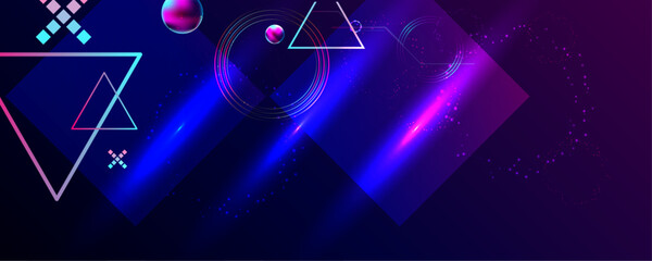 Dark retro futuristic cyberpunk elements abstraction background cosmos synthwave vaporwave retrowave glitch circle with blue and pink glows © Olya Kartavaya