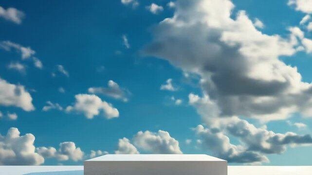 White pedestal or display stand below a blue sky with fluffy white clouds. Product presentation or marketing concept video.