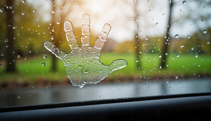 Handprint on wet car window with autumn scenery blurred in background  