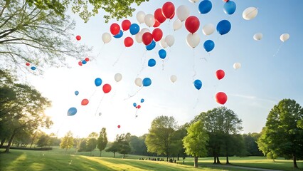 Red white and blue balloons floating upwards over a sunny green park