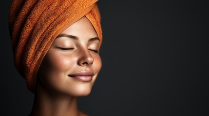 Fototapeta premium Serene woman with orange towel turban