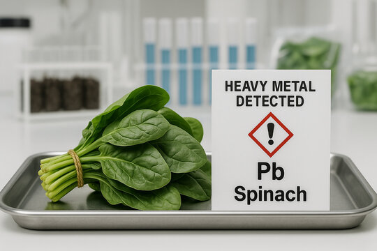 Heavy Metal Detected a Food Toxicology Investigation of Lead Pb Contamination Risk in Spinach showing a GHS Hazard Alert for Leafy Green Vegetable Bioaccumulation Analysis