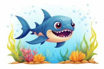Cartoon shark swimming underwater surrounded by colorful corals and seaweed, creating a playful and vibrant marine scene