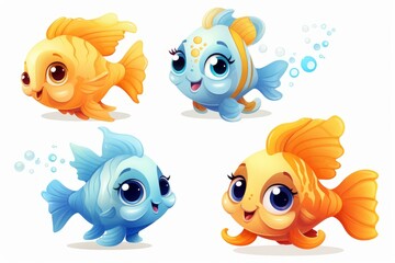Naklejka premium Four adorable cartoon fish characters swimming underwater, creating a playful and vibrant scene