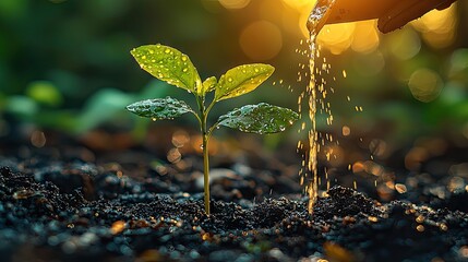 Water being poured over a young plant.