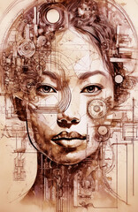 portrait of a young woman with a AI digital face