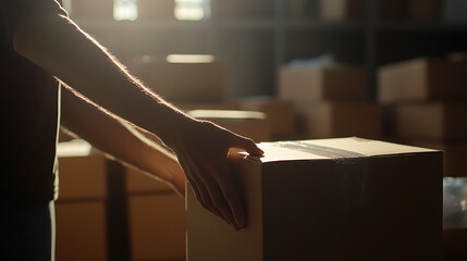 Handling Package: A person carefully places a sealed cardboard box amidst a warehouse setting, bathed in natural light. Packing, logistics, and delivery.