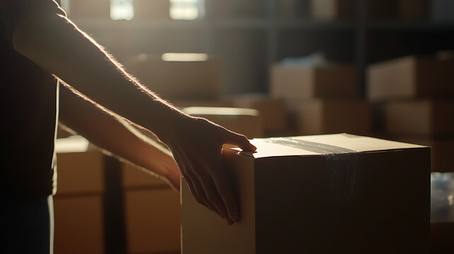 Handling Package: A person carefully places a sealed cardboard box amidst a warehouse setting, bathed in natural light. Packing, logistics, and delivery.
