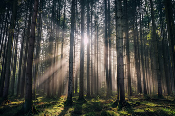 Obraz premium A captivating view into a dense woodland area where sunlight filters through tall, straight trees. The bright rays highlight the lush moss on the forest floor creating a magical atmosphere.
