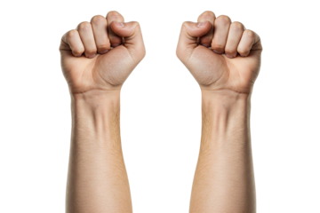 Raised Fists: Two Arms Extending Upwards with Clenched Fists, Isolated Against a White Background, Symbolizing Power or Protest