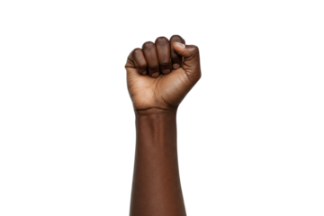 Raised Dark-Skinned Fist: A Close-Up of an Arm Extending Upward with a Clenched Fist, Isolated on a White Background, Symbolizing Strength