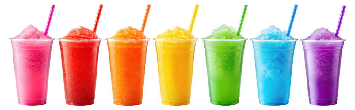 colorful rainbow collection of frozen slushie drinks in a row