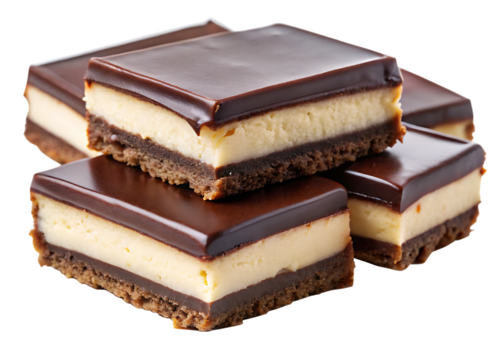 Stacked chocolate coated cheesecake bars with creamy filling and dark chocolate topping isolated on a transparent background