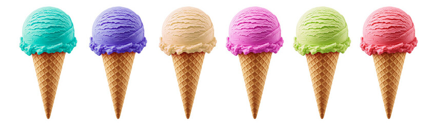 Six colorful ice cream cones in a row, symbolizing summer delight, variety, sweetness, and cheerful moments of playful indulgence on transparent background