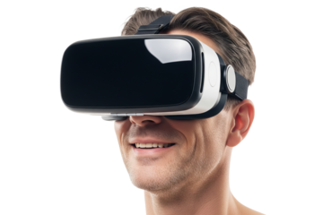 Smiling man experiences immersive virtual reality environment using modern black and white VR headset against  isolated on Transparent background