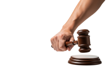 A human hand firmly holds a wooden gavel, poised above its round block, symbolizing Auction, livestock, real estate, bidding, sale, justice and authority on transparent background