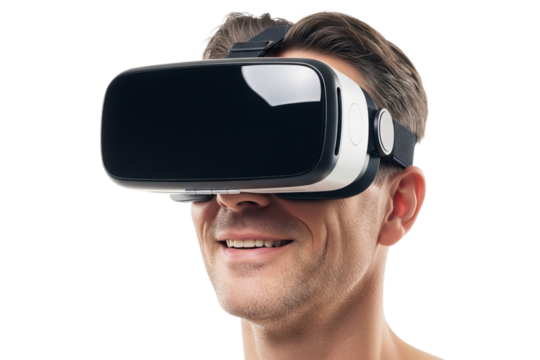 Smiling man experiences immersive virtual reality environment using modern black and white VR headset against  isolated on Transparent background