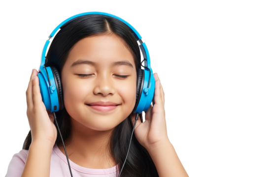 Young girl enjoys peaceful moment with eyes closed while listening to music through bright blue headphones against  isolated on Transparent background