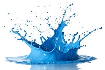 Vivid blue liquid splash forming a crown shape with droplets Ai isolated on a transparent background