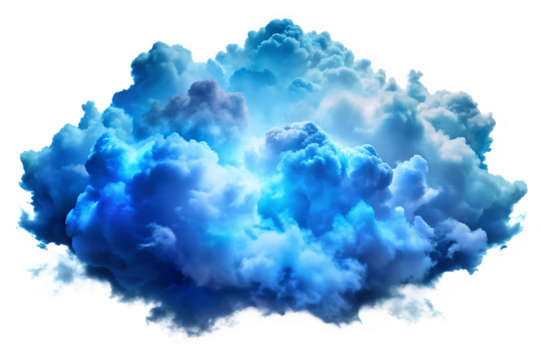 Vibrant blue and white stormy clouds with bright light and colorful edges Ai image isolated on a transparent background
