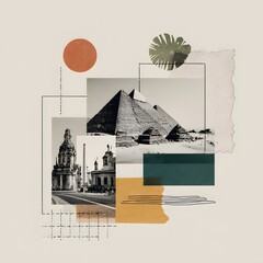 Historical journey artistic collage: Ancient pyramids, European architecture, global heritage abstract art.