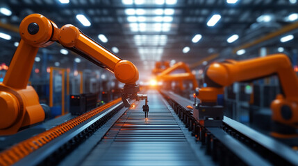 Futuristic cobot operates on a high-tech factory production line in a spotless, well-lit manufacturing space. Symbolizes automation, efficiency, and precision in advanced industrial settings.

