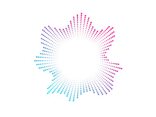 Circular audio color wave pattern created with dots. The vector design represents neon sound waves and music visualization in a symmetrical layout.