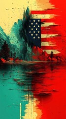 Abstract landscape merging American flag and mountainous terrain