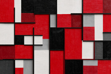 Fototapeta premium Colorful abstract composition featuring geometric shapes in red, black, white, and gray tones on textured canvas