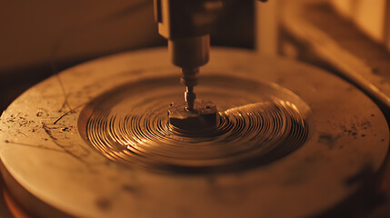 Machine Tool Precision: Automated manufacturing with a rotating metal piece and a precise cutting or engraving tool in a dimly lit workshop environment.
