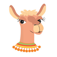 Cartoon llama  in a scarf with pompoms. Funny animal head with big eyes and eyelashes, forelock and ears. Colorful character isolated on white background.  Vector design for card, t-shirt, banner.