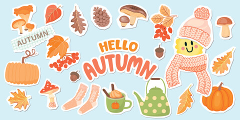 Autumn collage elements set with lettering, forest mushrooms, leaves, twigs with berries, knitted hat and scarf, teapot, mug with drink, pumpkins, socks.Vector cartoon object with paper cut shapes.