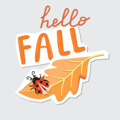 Hello fall poster with ladybug. Cute insect sits on an autumn leaf. Yellow, orange, red, brown colors. Cartoon objects with paper cut shapes. Collage elements set. Vector design for banner, card.