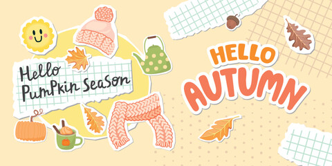 Hello autumn banner with collage elements. Pieces of squared paper, hand-written phrases, leaves, pumpkin, acorn, mug with drink, teapot, knitted hat, scarf. Cartoon objects with paper cut shapes.