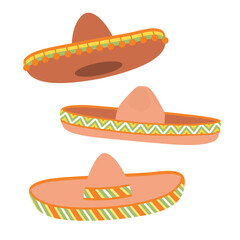 Mexican Sambrero Hats. Cartoon set of headwear from different angles. Accessories are decorated with ornaments and pompoms. Vector designs isolated on white background. For use in card, banner.