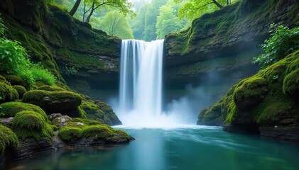 Fototapeta premium Serene Waterfall Cascading over Mossy Rocks Tranquil Nature Scene Perfect for Relaxation and Meditation