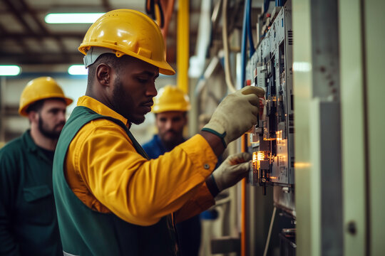 Black male electrician troubleshooting an electronics issue on a control panel - Collagues watching