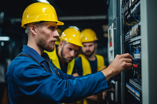 Professional electrician at a warehouse inspecting a control panel