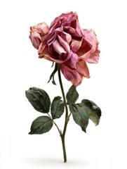Fototapeta premium A single, wilting pink rose with green leaves against a white background.