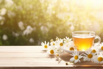Obraz na płótnie Canvas Cup of chamomile tea resting on wooden table in blooming garden during sunset