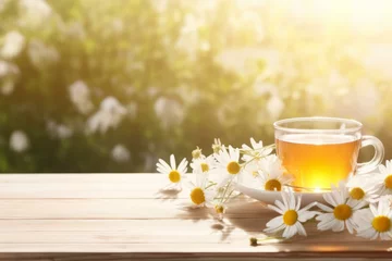 Fototapeten Cup of chamomile tea resting on wooden table in blooming garden during sunset © nsit0108
