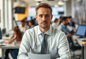 Fototapeta premium Male journalist in a busy newsroom