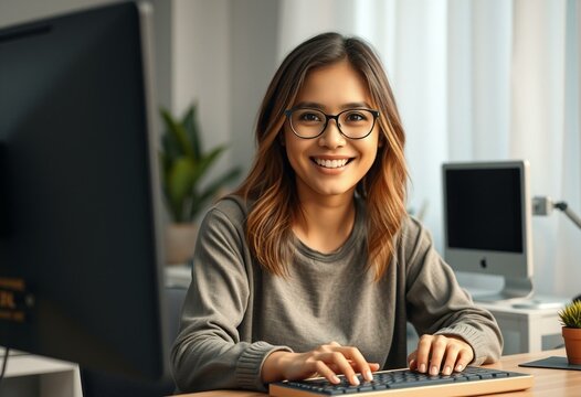 Photorealistic portrait of a female graphic designer in her home office